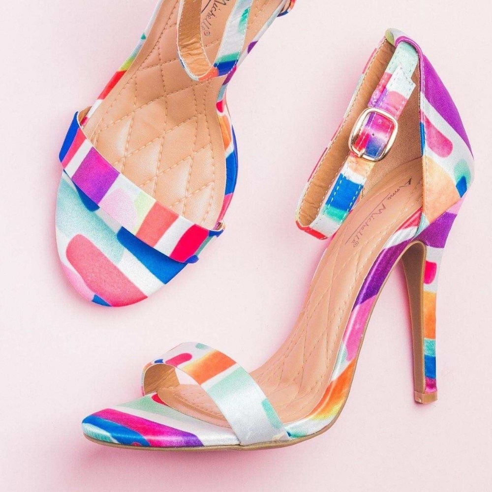Anne Michelle Girl Talk 24 Multi Color Ankle Strap Women's Heels Size 8